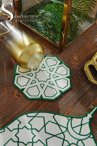 Ramadan Dome Design Green and Off White Placemat Set - Waterproof Fabric - 6 Persons - 24 Pcs. Full Set