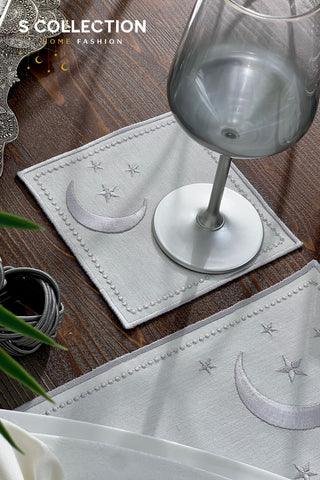 Ramadan Design Silver Glamorous Placemat Set - Waterproof Fabric - 6 Persons - 30 Pcs. Full Set
