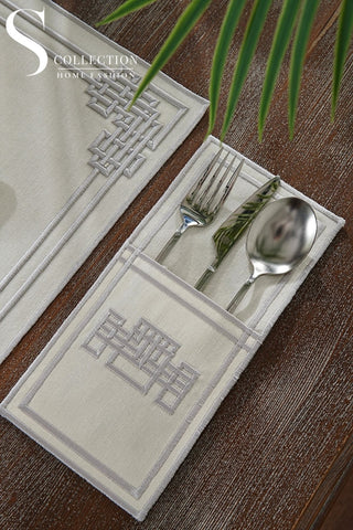 Pyramid Design Silver Placemat Set - Waterproof Fabric - 6 Persons - 24 Pcs. Full Set