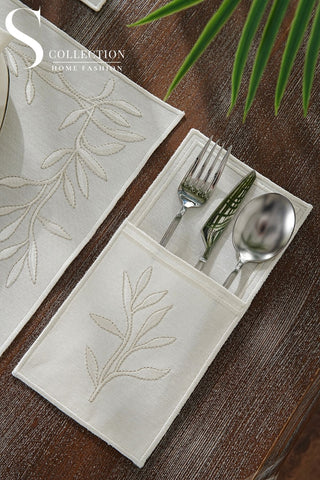 Flower Off White and Silver Design Placemat Set - Waterproof Fabric - 6 Persons - 24 Pcs. Full Set
