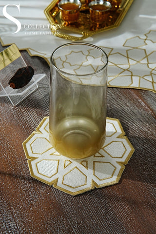 Ramadan Dome Design Gold and Off White Full Placemat Set - With Bread Basket Napkin and Runner - 6 Persons - 26 Pcs.