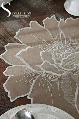 Eloise Design Embroidered Placemat Set - Cappucino Colour Waterproof Fabric - 6 Persons - 12 Pcs.