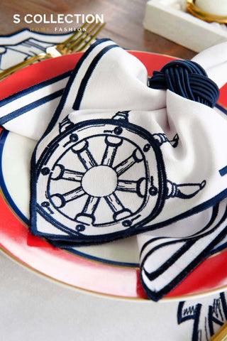 Mariner Design Embroidered Placemat Set - Navy Colour Waterproof Fabric - 6 Persons - 18 Pcs.