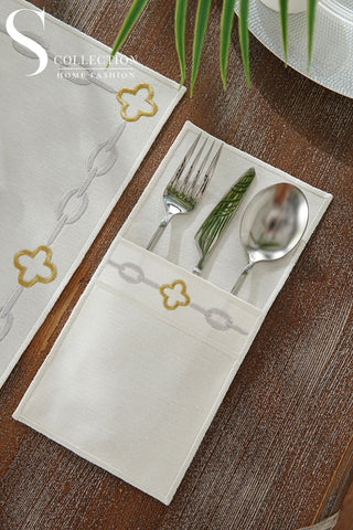 Cadena Silver Border - Gold Design Placemat Set - 6 Persons - Waterproof Fabric - 24 Pcs. Full Set