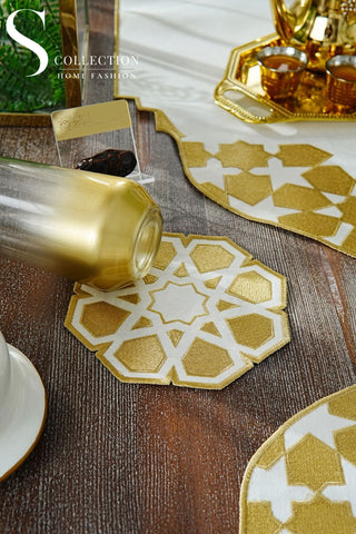 Ramadan Dome Design Gold Full Placemat Set - With Bread Basket Napkin and Runner - 6 Persons - 26 Pcs.