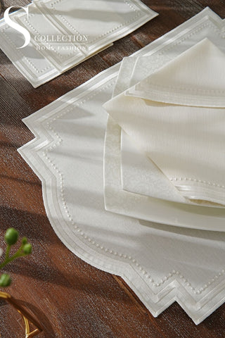 Graceful Off White Design Placemat Set - Waterproof Fabric - 6 Persons - 24 Pcs. Full Set