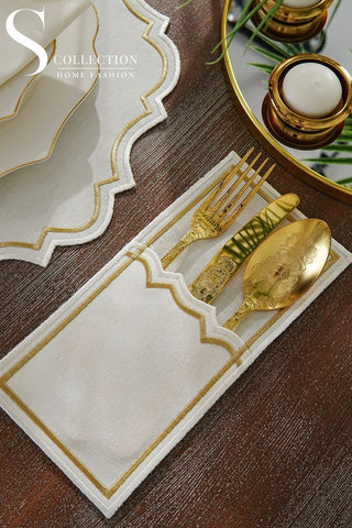 Camila Gold and Off White Design Placemat Set - Waterproof Fabric - 6 Persons - 24 Pcs. Full Set