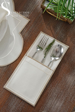 Milan Off White and Cappuccino Design Placemat Set - Waterproof Fabric - 6 Persons - 24 Pcs. Full Set