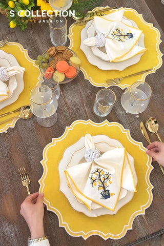 Camila Design Embroidered Placemat Set - Yellow Colour Waterproof Fabric - 6 Persons - 18 Pcs.