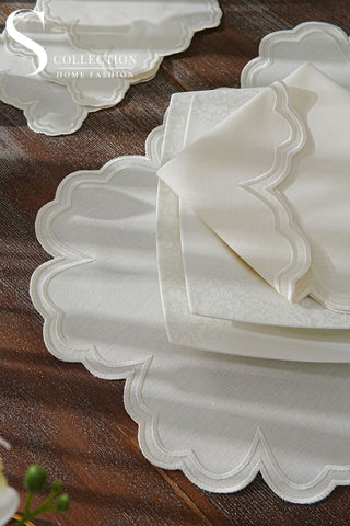 Cloud Design Off White Placemat Set - Waterproof Fabric - 6 Persons - 24 Pcs. Full Set