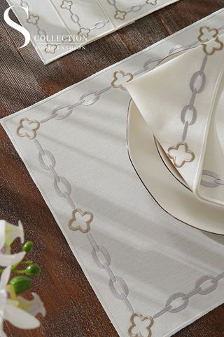 Cadena Silver Border - Cappuccino Design Placemat Set - Waterproof Fabric - 6 Persons - 24 Pcs. Full Set