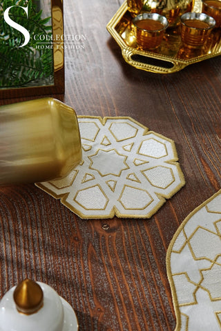 Ramadan Dome Design Gold and Off White Placemat Set - Waterproof Fabric - 6 Persons - 24 Pcs. Full Set