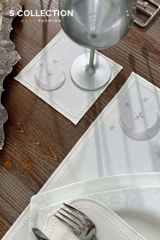 Ramadan Design Silver Luna Placemat Set - Waterproof Fabric - 6 Persons - 24 Pcs. Full Set