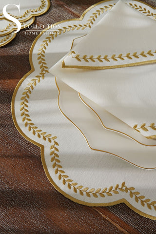 Leafy Allure Gold Design Placemat Set - Waterproof Fabric - 6 Persons - 24 Pcs. Full Set