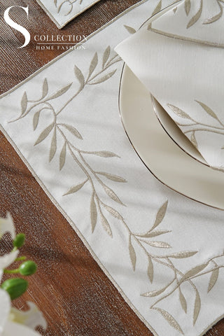 Silver Flower Design Placemat Set - Waterproof Fabric - 6 Persons - 24 Pcs. Full Set