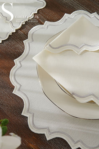 Camila Silver and Off White Design Placemat Set - Waterproof Fabric - 6 Persons - 24 Pcs. Full Set