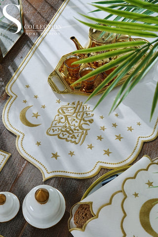 Ramadan Gold Glamorous Design Full Placemat Set - With Bread Basket Napkin and Runner - 6 Persons - 26 Pcs.