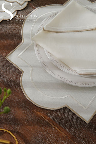 Milan Off White and Cappuccino Design Placemat Set - Waterproof Fabric - 6 Persons - 24 Pcs. Full Set