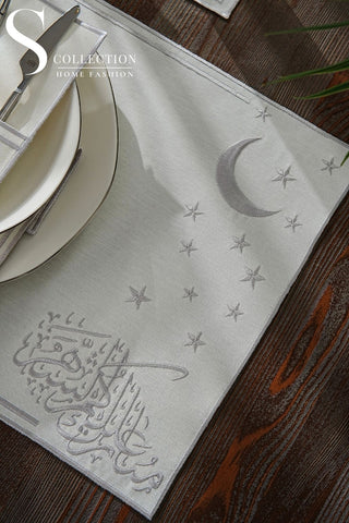 Ramadan Design Silver Stellar Serenity Placemat Set -Waterproof Fabric - 6 Persons - 24 Pcs. Full Set