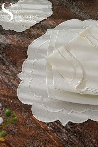 Clara Off White Design Placemat Set - Waterproof Fabric - 6 Persons - 24 Pcs. Full Set