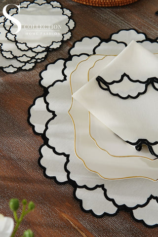 Olivia Black Design Placemat Set - Waterproof Fabric - 6 Persons - 24 Pcs. Full Set