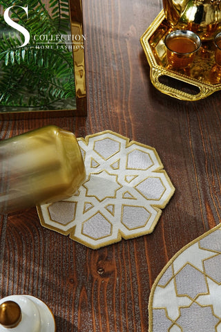 Ramadan Dome Design Silver and Gold Placemat Set - Waterproof Fabric - 6 Persons - 24 Pcs. Full Set