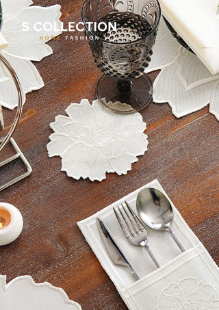 Eloise Off White Design Placemat Set - Waterproof Fabric - 6 Persons - 24 Pcs. Full Set