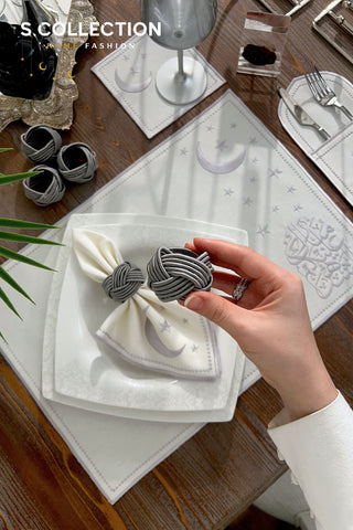 Ramadan Design Silver Glamorous Placemat Set - Waterproof Fabric - 6 Persons - 30 Pcs. Full Set