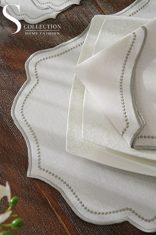 Laurel Wreath Silver Design Placemat Set - Waterproof Fabric - 6 Persons - 24 Pcs. Full Set