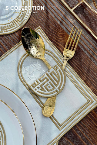 Layali Design Ramadan Collection Placemat Set - Gold Embroidered - Waterproof Fabric - 6 Persons - 18 Pcs. Full Set