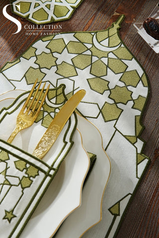 Ramadan Dome Design Olive Green Placemat Set - Waterproof Fabric - 6 Persons - 24 Pcs. Full Set