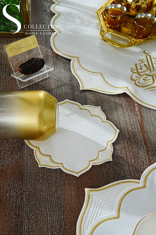 Ramadan Najma Design Gold Full Placemat Set - With Bread Basket Napkin and Runner - 6 Persons - 26 Pcs.
