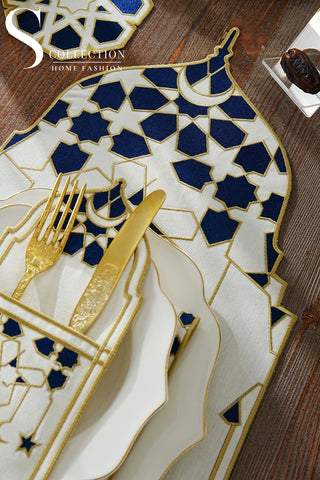 Ramadan Dome Design Navy and Gold Placemat Set - Waterproof Fabric - 6 Persons - 24 Pcs. Full Set