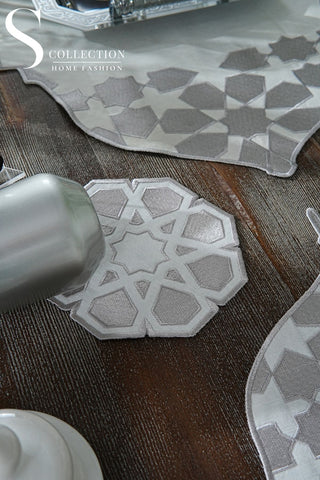 Ramadan Dome Design Silver Full Placemat Set - With Bread Basket Napkin and Runner - 6 Persons - 26 Pcs.