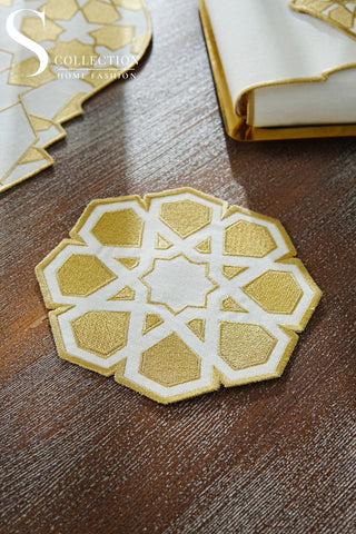 Ramadan Dome Design Gold Full Placemat Set - With Bread Basket Napkin and Runner - 6 Persons - 26 Pcs.