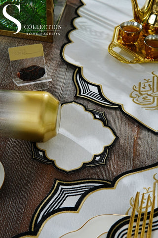 Ramadan Najma Design Black and Gold Full Placemat Set - With Bread Basket Napkin and Runner - 6 Persons - 26 Pcs.
