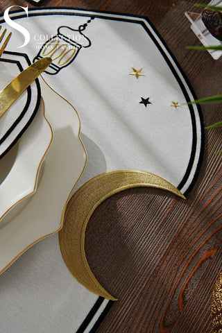 Ramadan Qamar Design Black and Gold Placemat Set - Waterproof Fabric - 6 Persons - 24 Pcs. Full Set