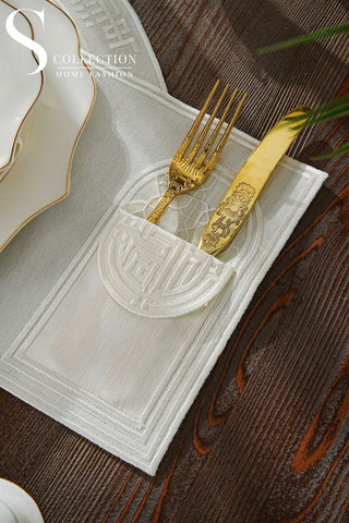 Layali Design Ramadan Collection Placemat Set - Off White Embroidered - Waterproof Fabric - 6 Persons - 18 Pcs. Full Set