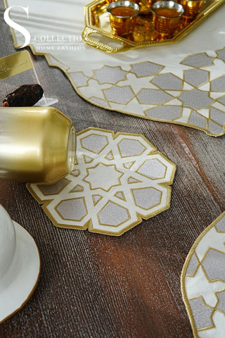 Ramadan Dome Design Silver and Gold Full Placemat Set - With Bread Basket Napkin and Runner - 6 Persons - 26 Pcs.