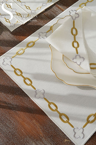 Cadena Gold Border - Silver Design Placemat Set - 6 Persons - Waterproof Fabric - 24 Pcs. Full Set