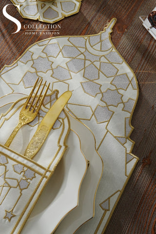 Ramadan Dome Design Silver and Gold Placemat Set - Waterproof Fabric - 6 Persons - 24 Pcs. Full Set
