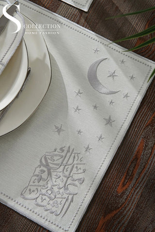 Ramadan Design Silver Glamorous Placemat Set - Waterproof Fabric - 6 Persons - 24 Pcs. Full Set