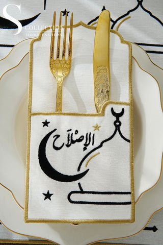 Ramadan Hilal Design Black and Gold Placemat Set - Waterproof Fabric - 6 Persons - 12 Pcs. Set