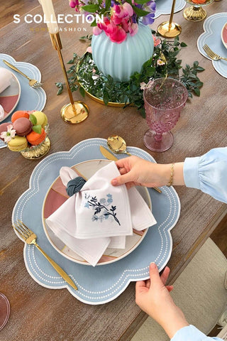 Floria Design Embroidered Placemat Set - Light Blue Colour Waterproof Fabric - 6 Persons - 18 Pcs.