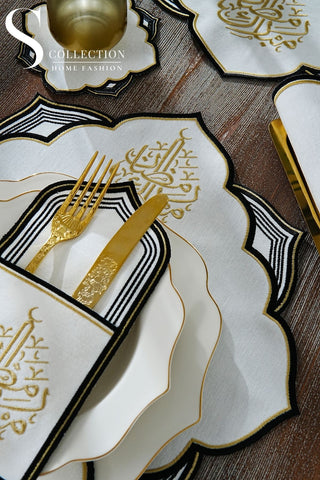 Ramadan Najma Design Black and Gold Full Placemat Set - With Bread Basket Napkin and Runner - 6 Persons - 26 Pcs.
