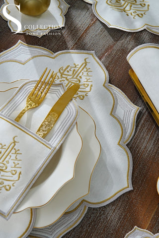 Ramadan Najma Design Gold and Silver Full Placemat Set - With Bread Basket Napkin and Runner - 6 Persons - 26 Pcs.