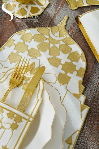 Ramadan Dome Design Gold Full Placemat Set - With Bread Basket Napkin and Runner - 6 Persons - 26 Pcs.