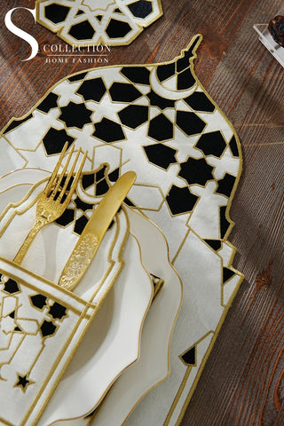 Ramadan Dome Design Black and Gold Placemat Set - Waterproof Fabric - 6 Persons - 24 Pcs. Full Set