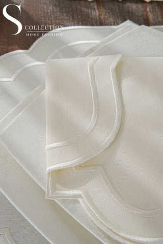 Clara Off White Design Placemat Set - Waterproof Fabric - 6 Persons - 24 Pcs. Full Set