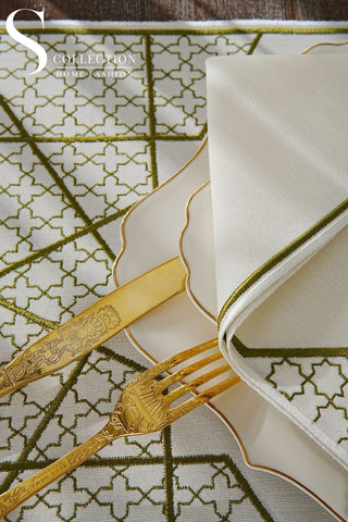 Rimal Olive Design Placemat Set - Waterproof Fabric - 6 Persons - 18 Pcs. Full Set